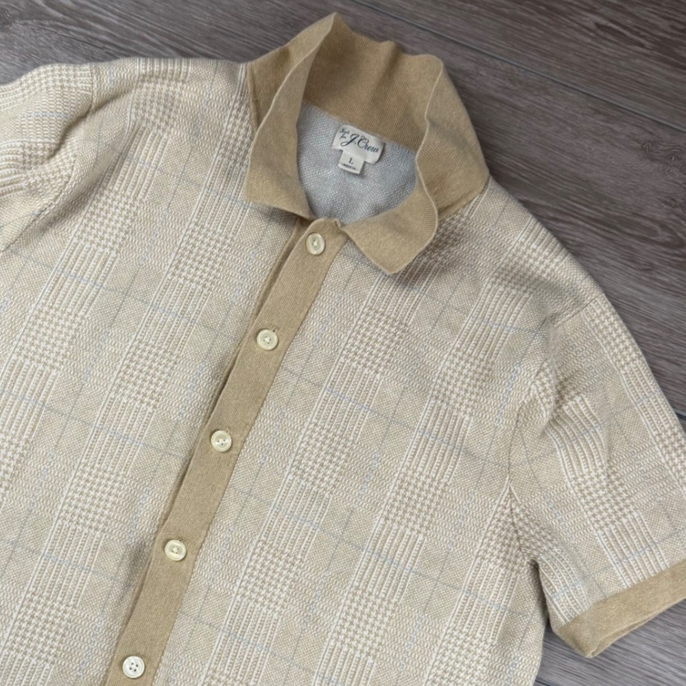 J. Crew Mens Knit Polo Shirt Short Sleeve Glen Plaid Tan Large